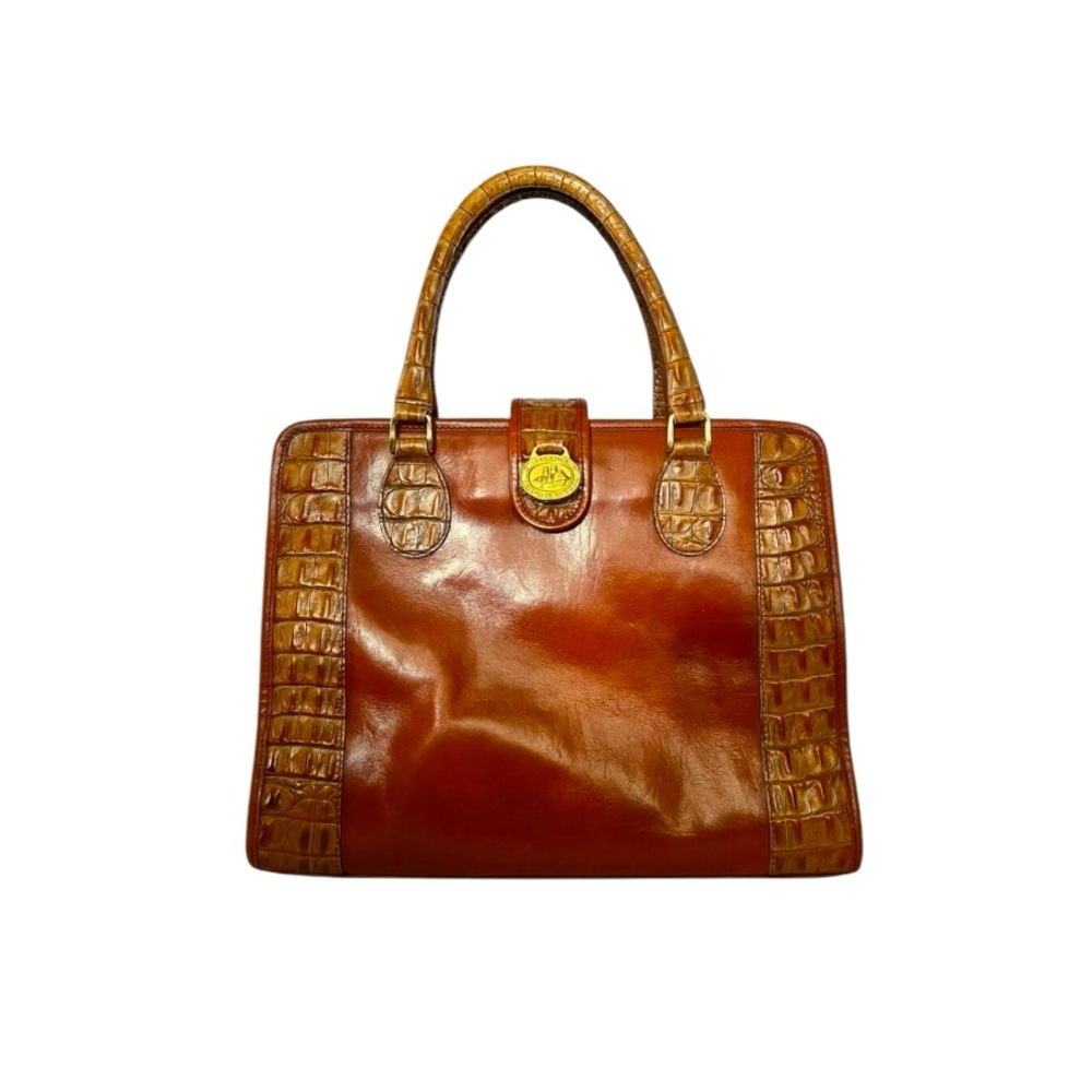 BRAHMIN Vintage Cognac Brulee Tuscan Satchel Leather Croc-Embossed Handbag
